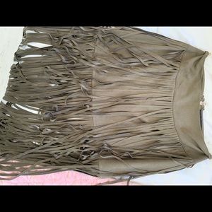Olive Green Suede Fringe Skirt